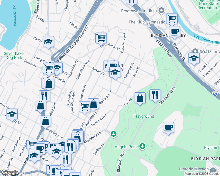 map of restaurants, bars, coffee shops, grocery stores, and more near 1537 Ewing Street in Los Angeles