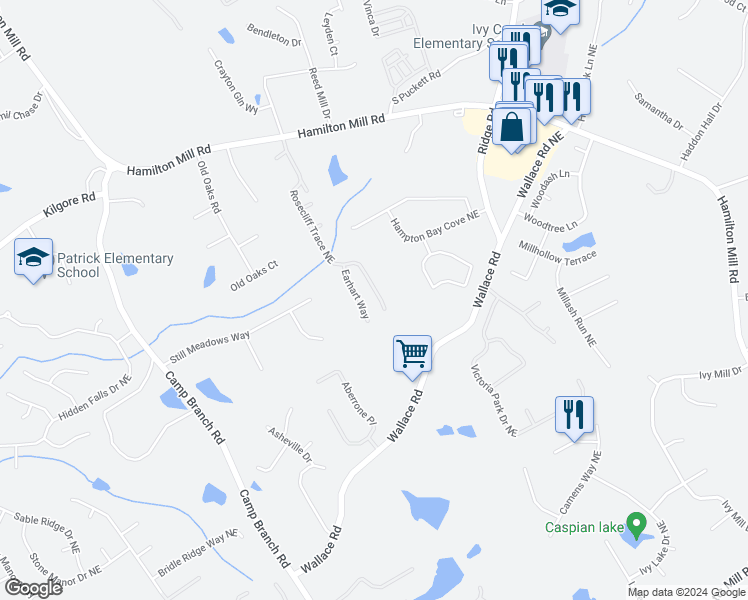 map of restaurants, bars, coffee shops, grocery stores, and more near 3356 Rosecliff Trace Northeast in Buford