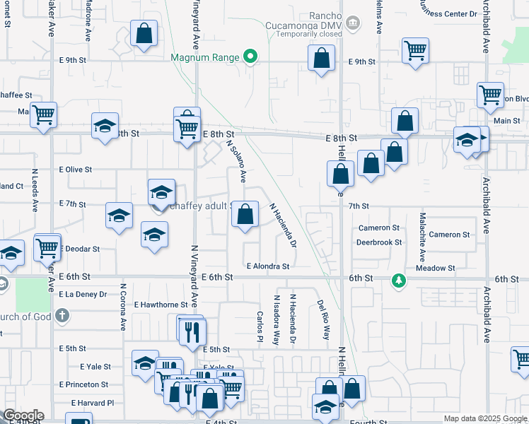 map of restaurants, bars, coffee shops, grocery stores, and more near 2050 Sycamore Court in Ontario