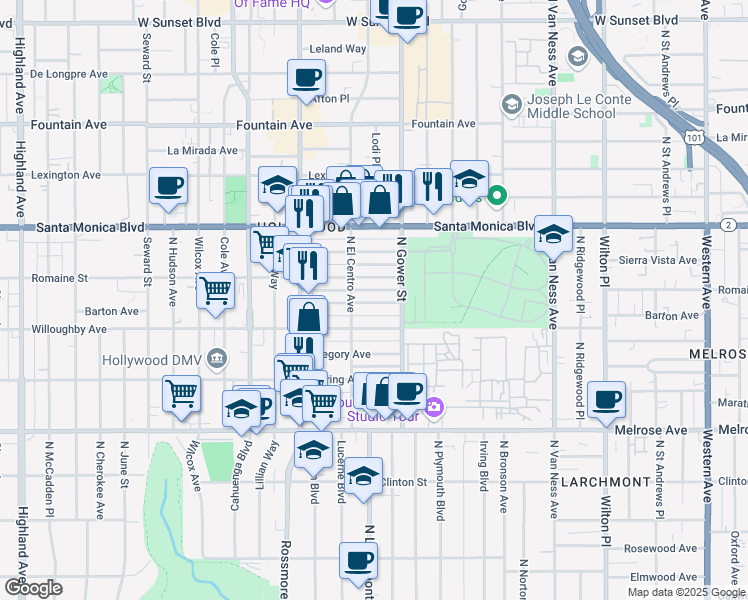 map of restaurants, bars, coffee shops, grocery stores, and more near 5933 Barton Avenue in Los Angeles