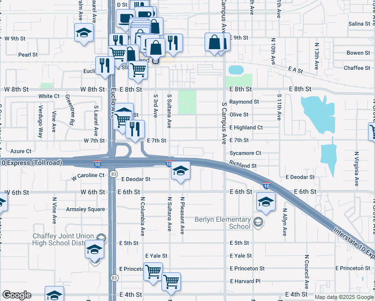 map of restaurants, bars, coffee shops, grocery stores, and more near 479 Richland Street in Upland