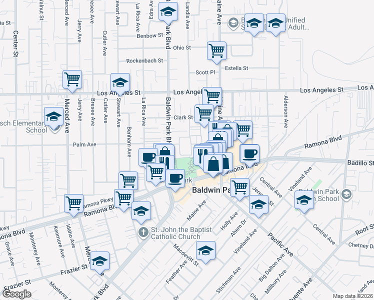 map of restaurants, bars, coffee shops, grocery stores, and more near 362 Park Shadow Court in Baldwin Park
