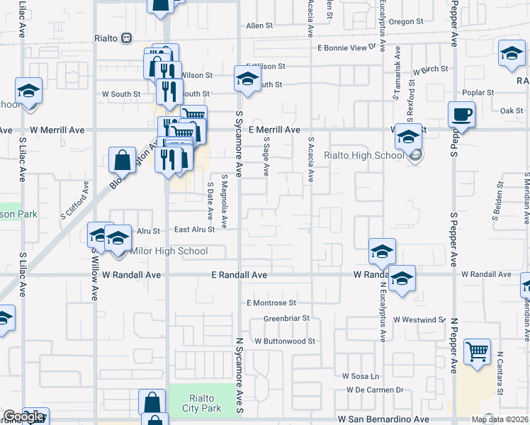 map of restaurants, bars, coffee shops, grocery stores, and more near 745 South Sage Avenue in Rialto