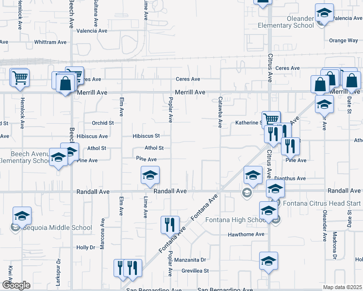 map of restaurants, bars, coffee shops, grocery stores, and more near 9141 Poplar Avenue in Fontana