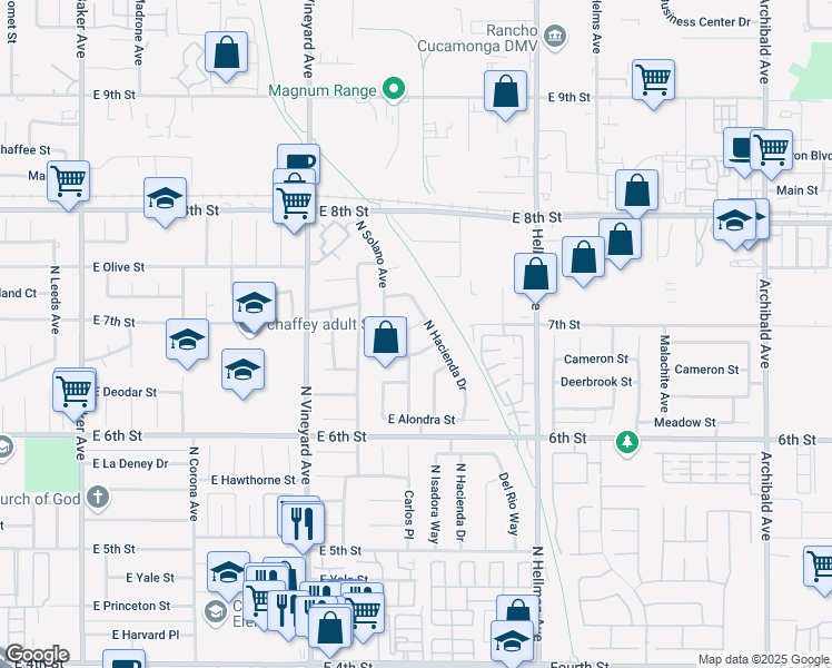 map of restaurants, bars, coffee shops, grocery stores, and more near 2050 Sycamore Court in Ontario