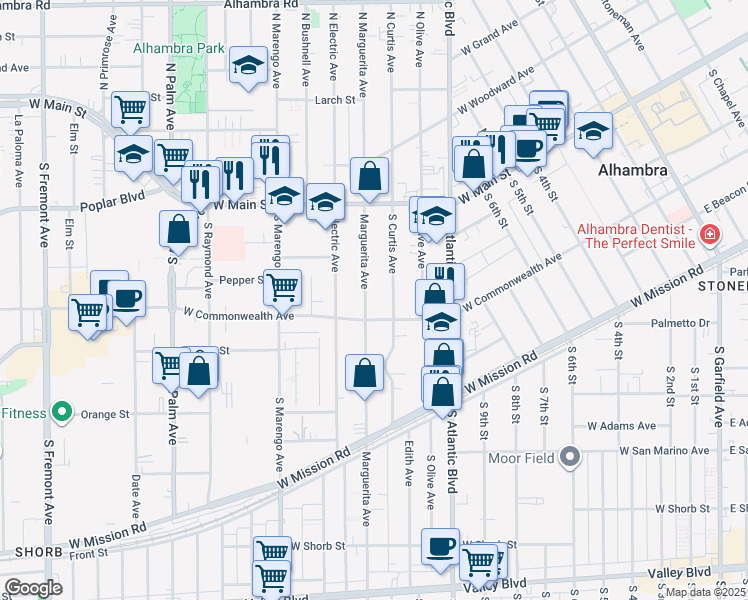 map of restaurants, bars, coffee shops, grocery stores, and more near 245 Marguerita Avenue in Alhambra