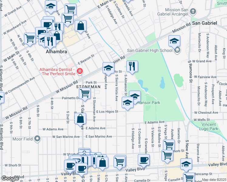 map of restaurants, bars, coffee shops, grocery stores, and more near 743 South Sierra Vista Avenue in Alhambra