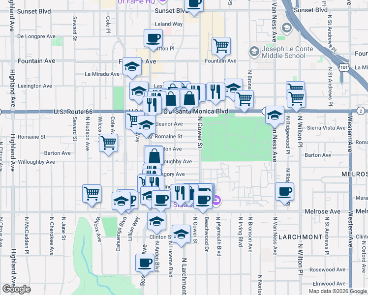 map of restaurants, bars, coffee shops, grocery stores, and more near 5941 Barton Avenue in Los Angeles