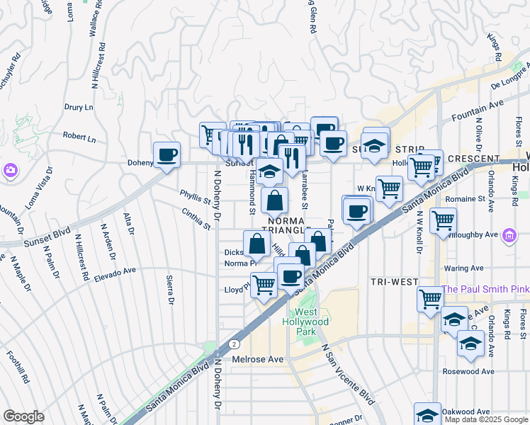 map of restaurants, bars, coffee shops, grocery stores, and more near 925 Hilldale Avenue in West Hollywood