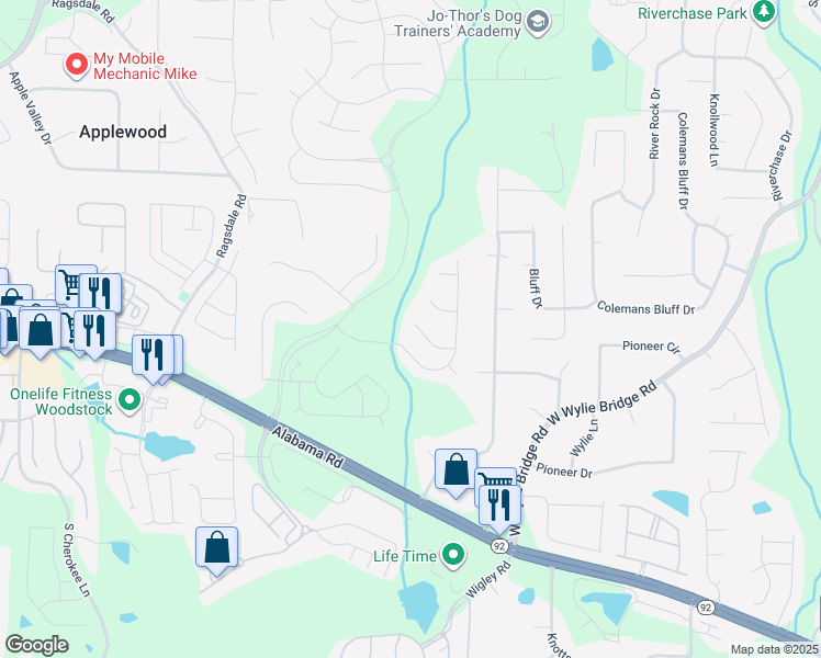 map of restaurants, bars, coffee shops, grocery stores, and more near 119 Churchcliff Drive in Woodstock