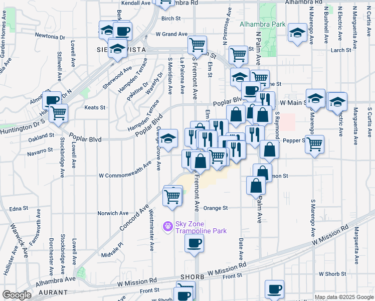map of restaurants, bars, coffee shops, grocery stores, and more near in Alhambra