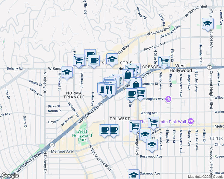 map of restaurants, bars, coffee shops, grocery stores, and more near 8707 Santa Monica Boulevard in West Hollywood