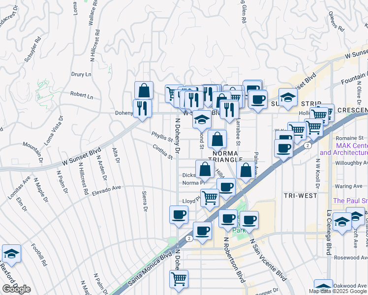 map of restaurants, bars, coffee shops, grocery stores, and more near 930 North Doheny Drive in West Hollywood