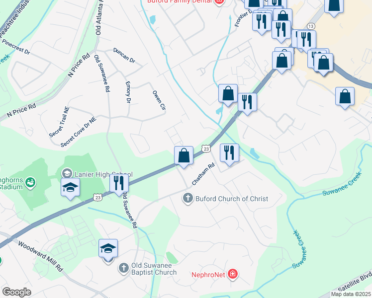 map of restaurants, bars, coffee shops, grocery stores, and more near 1193 Buford Highway Northeast in Sugar Hill