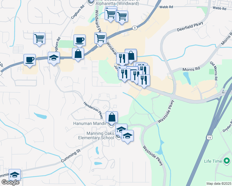 map of restaurants, bars, coffee shops, grocery stores, and more near 4027 Whitehall Way in Alpharetta
