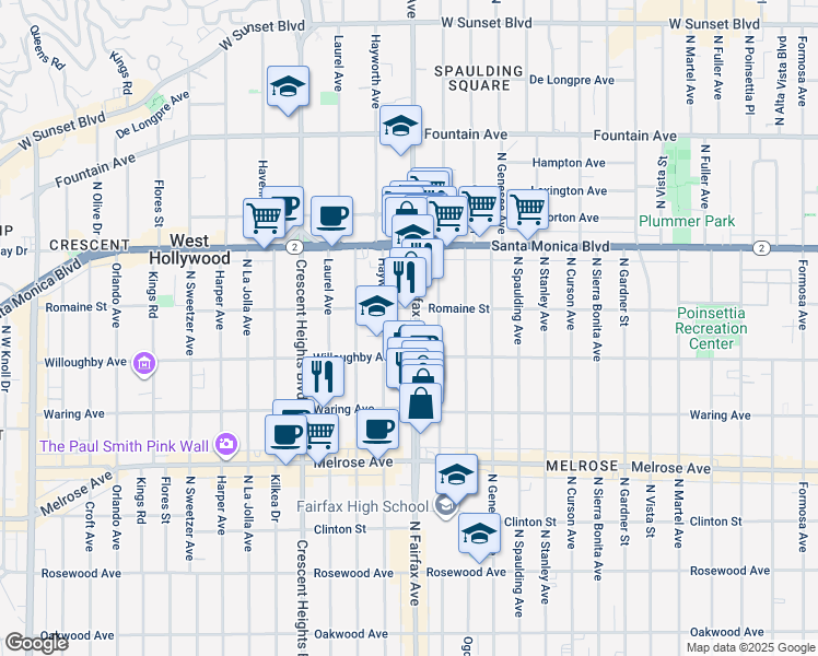 map of restaurants, bars, coffee shops, grocery stores, and more near 905 1/2 North Fairfax Avenue in West Hollywood