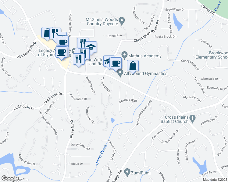 map of restaurants, bars, coffee shops, grocery stores, and more near 525 Grovsner Terrace in Alpharetta
