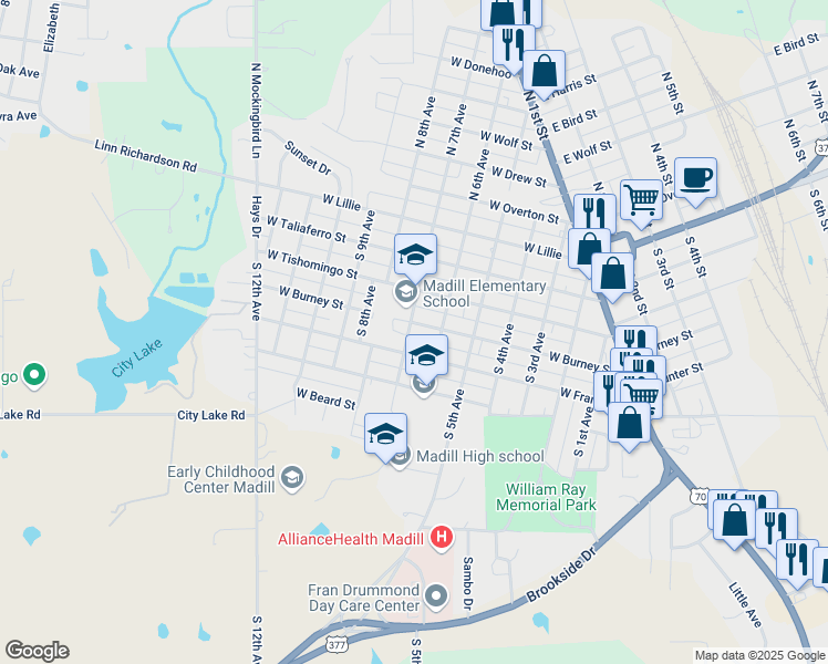 map of restaurants, bars, coffee shops, grocery stores, and more near 604 West Francis Street in Madill