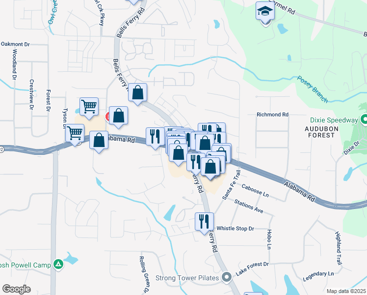 map of restaurants, bars, coffee shops, grocery stores, and more near GA-92 & Bells Ferry Rd in Acworth