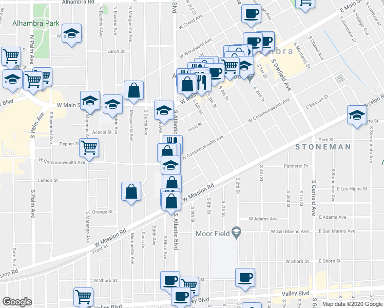 map of restaurants, bars, coffee shops, grocery stores, and more near W Commonwealth Ave & S 8th St in Alhambra