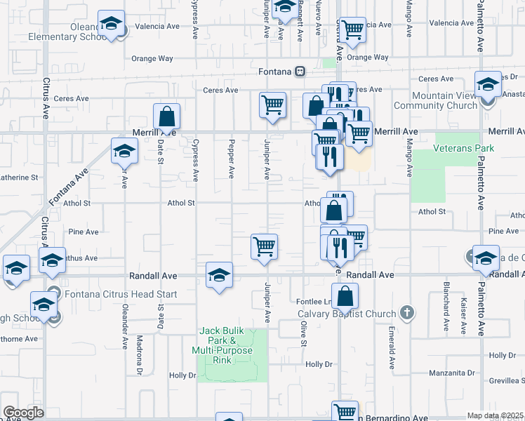 map of restaurants, bars, coffee shops, grocery stores, and more near 9120 Juniper Avenue in Fontana
