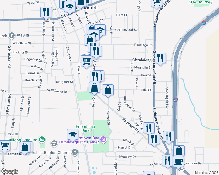 map of restaurants, bars, coffee shops, grocery stores, and more near 512 Tidal Street in Burkburnett