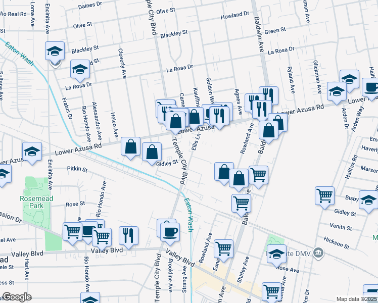 map of restaurants, bars, coffee shops, grocery stores, and more near 4437 Ellis Lane in Temple City