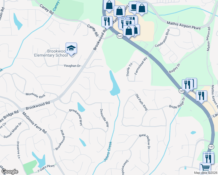 map of restaurants, bars, coffee shops, grocery stores, and more near 3185 Raskarity Road in Cumming