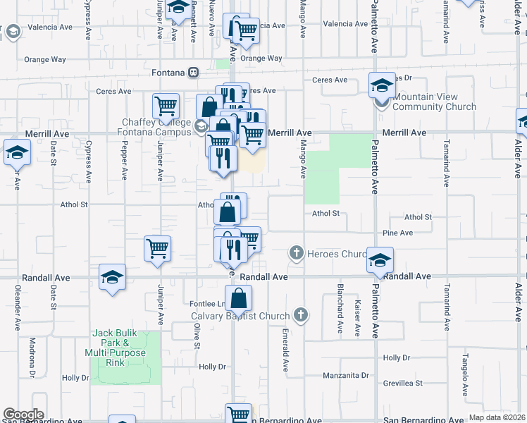 map of restaurants, bars, coffee shops, grocery stores, and more near 9100 Acacia Avenue in Fontana