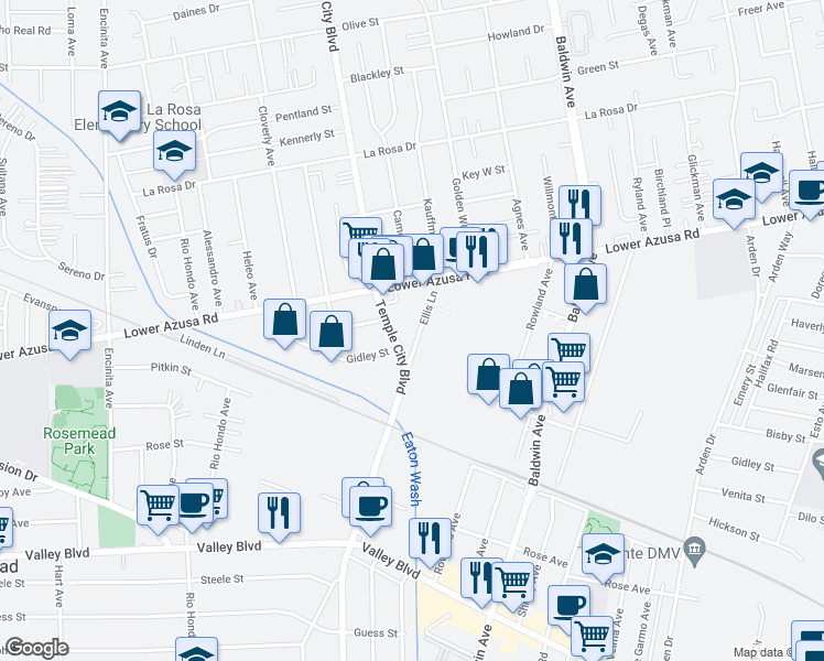 map of restaurants, bars, coffee shops, grocery stores, and more near 4437 Ellis Lane in Temple City