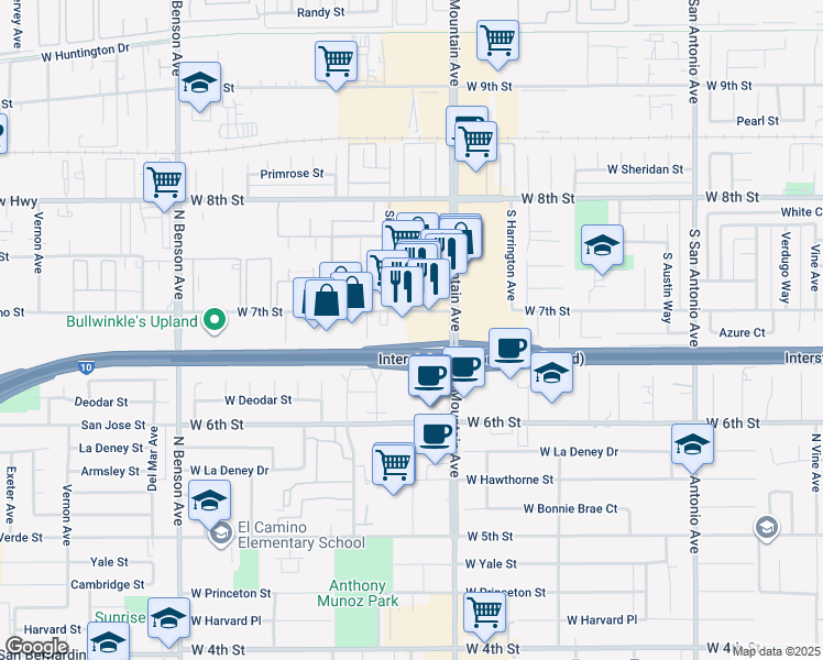 map of restaurants, bars, coffee shops, grocery stores, and more near San Bernardino Fwy in Ontario