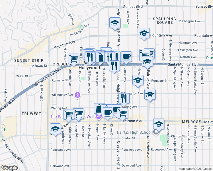 map of restaurants, bars, coffee shops, grocery stores, and more near 934 North La Jolla Avenue in West Hollywood
