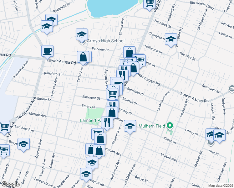 map of restaurants, bars, coffee shops, grocery stores, and more near 4563 Peck Road in El Monte