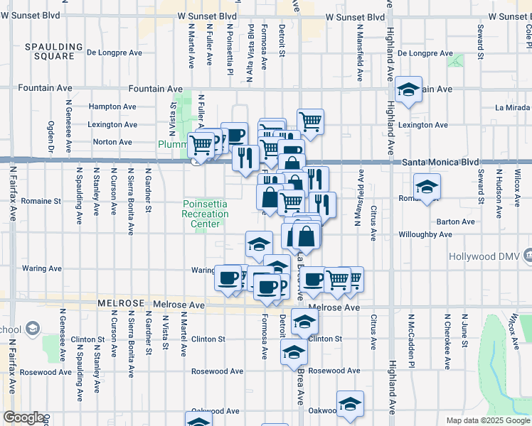 map of restaurants, bars, coffee shops, grocery stores, and more near 936 North Formosa Avenue in Los Angeles
