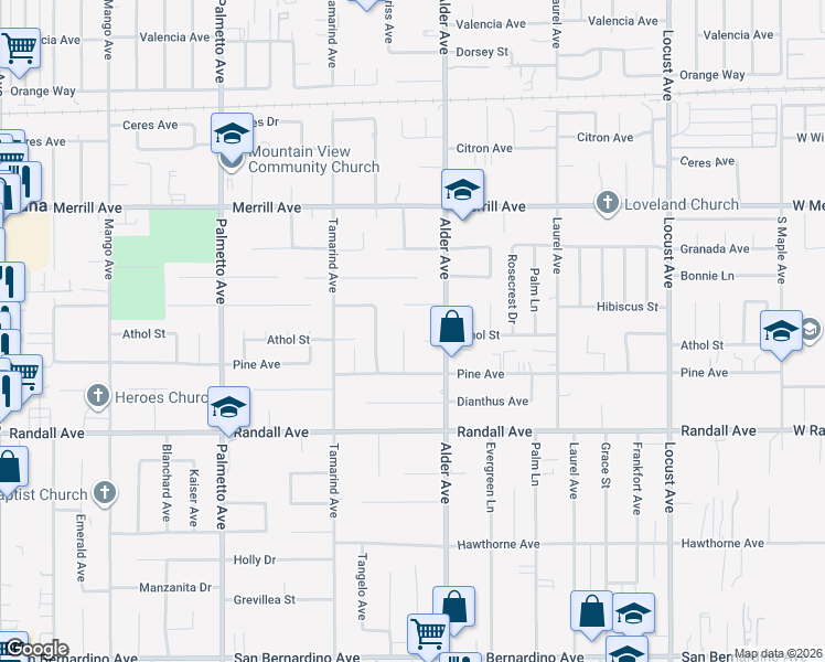 map of restaurants, bars, coffee shops, grocery stores, and more near 9160 Boxwood Avenue in Fontana