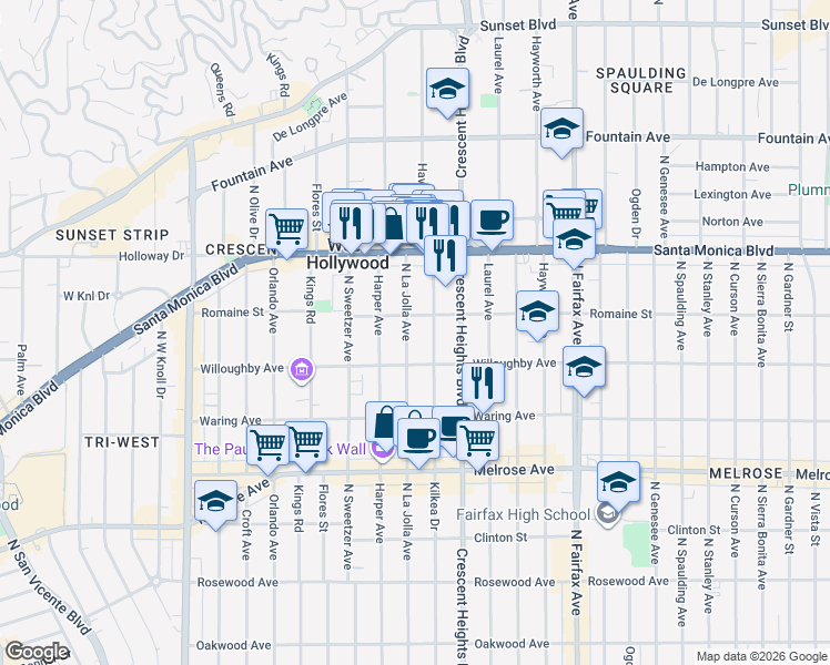 map of restaurants, bars, coffee shops, grocery stores, and more near 916 North La Jolla Avenue in West Hollywood