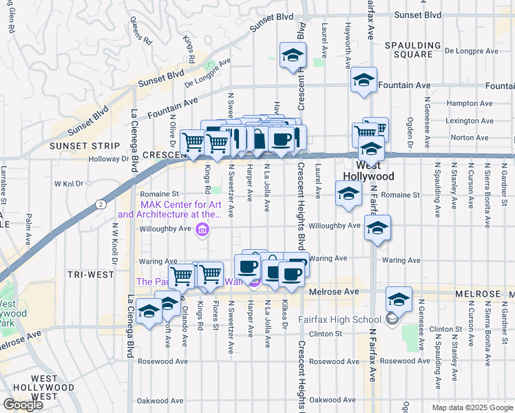 map of restaurants, bars, coffee shops, grocery stores, and more near 936 North Harper Avenue in West Hollywood