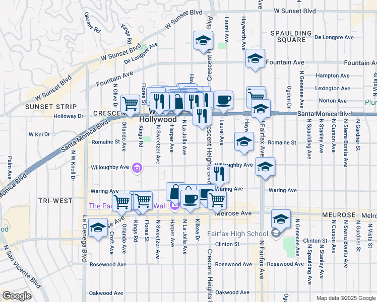 map of restaurants, bars, coffee shops, grocery stores, and more near 934 North La Jolla Avenue in West Hollywood