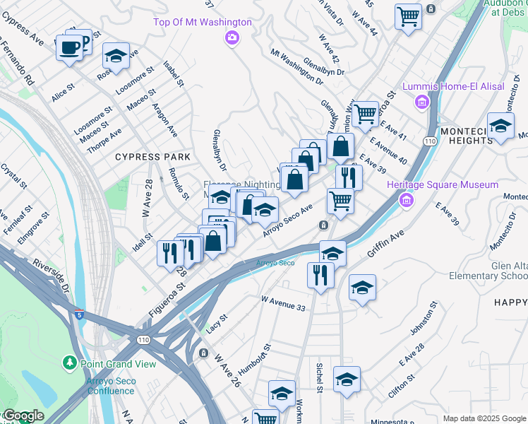 map of restaurants, bars, coffee shops, grocery stores, and more near 3439 North Figueroa Street in Los Angeles