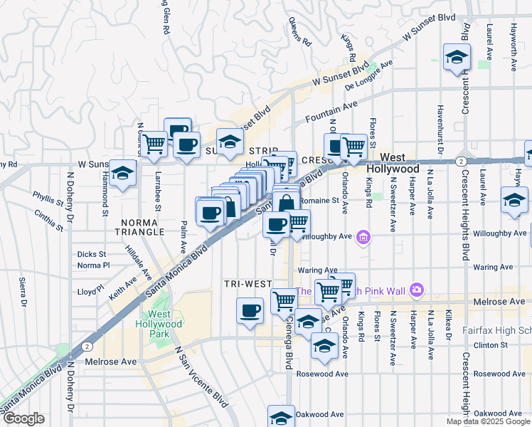 map of restaurants, bars, coffee shops, grocery stores, and more near 8577 Rugby Drive in West Hollywood