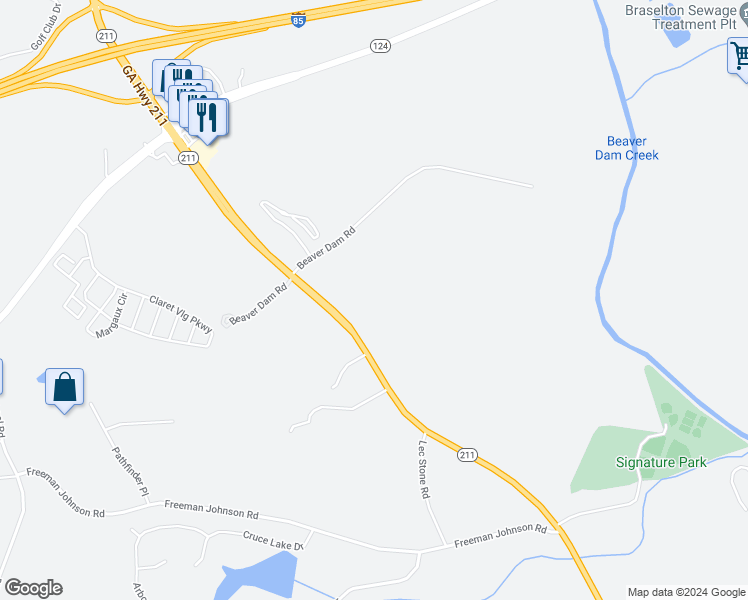 map of restaurants, bars, coffee shops, grocery stores, and more near 1827 Georgia 211 in Hoschton