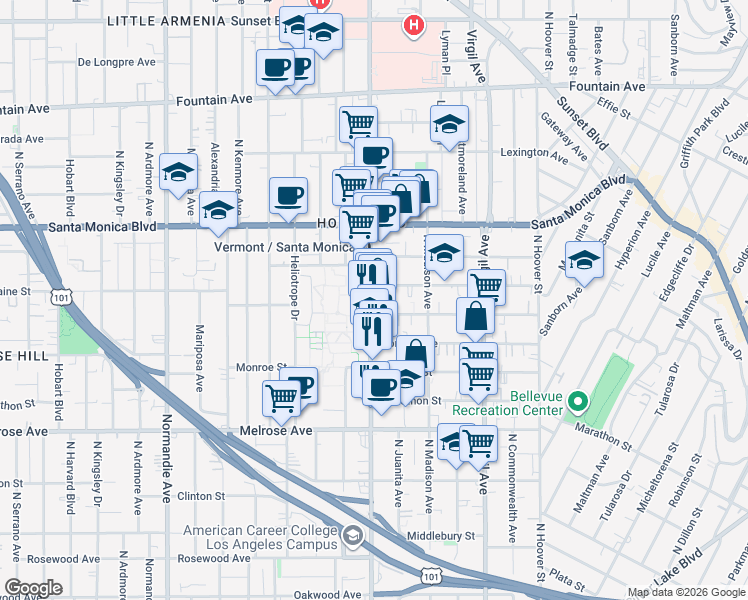 map of restaurants, bars, coffee shops, grocery stores, and more near 876 North Vermont Avenue in Los Angeles