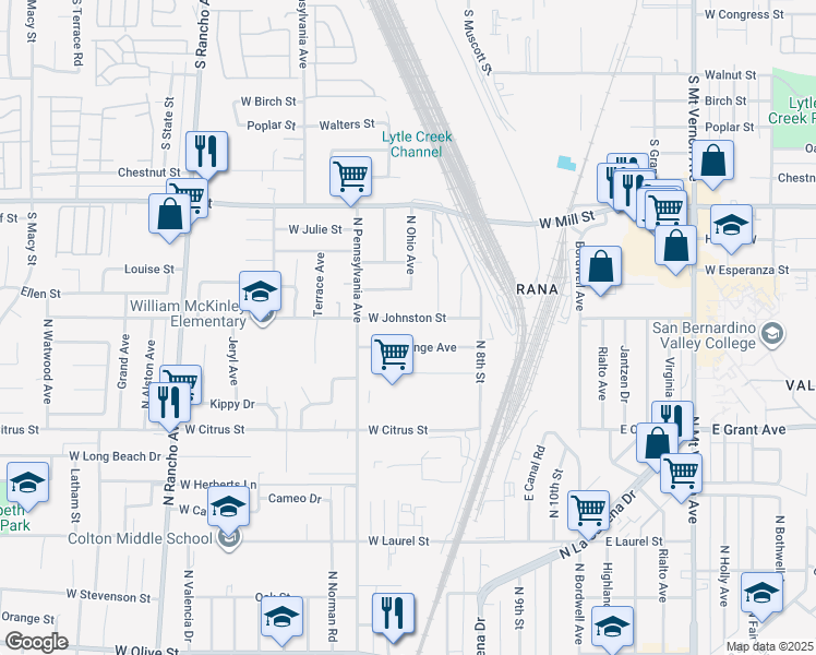 map of restaurants, bars, coffee shops, grocery stores, and more near 274 West Orange Avenue in Colton