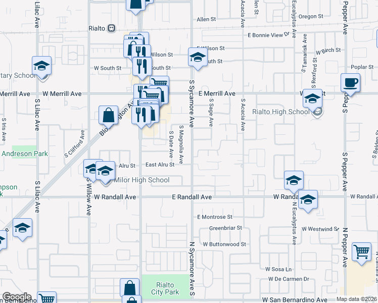 map of restaurants, bars, coffee shops, grocery stores, and more near 762 South Sycamore Avenue in Rialto