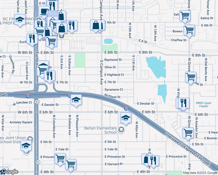 map of restaurants, bars, coffee shops, grocery stores, and more near 791 Richland Street in Upland