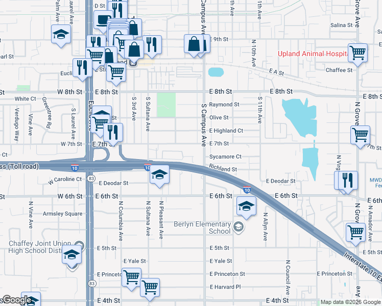 map of restaurants, bars, coffee shops, grocery stores, and more near 455 South Campus Avenue in Upland