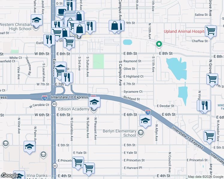 map of restaurants, bars, coffee shops, grocery stores, and more near 455 South Campus Avenue in Upland