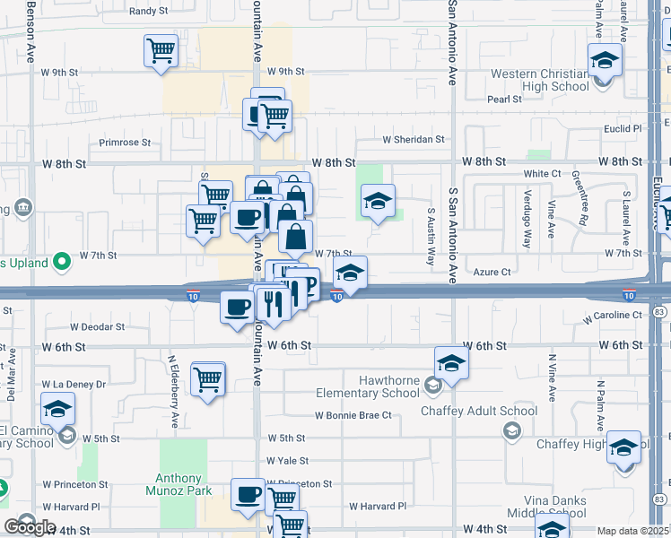 map of restaurants, bars, coffee shops, grocery stores, and more near 1040 West 7th Street in Upland