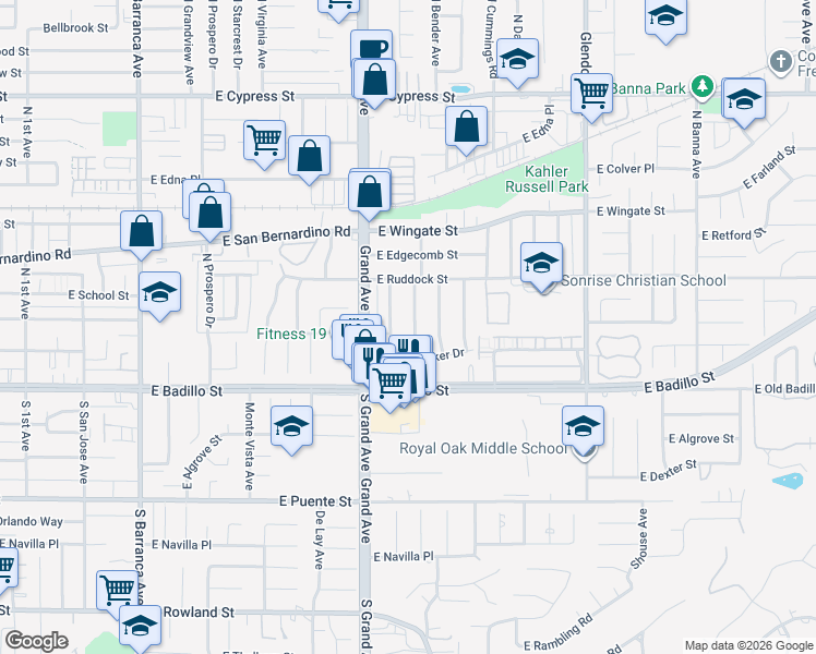 map of restaurants, bars, coffee shops, grocery stores, and more near 207 Shadyglen Drive in Covina