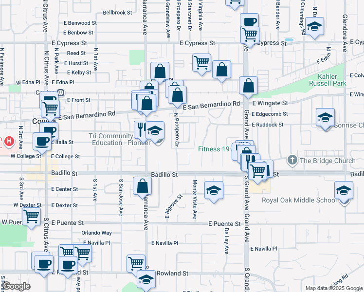 map of restaurants, bars, coffee shops, grocery stores, and more near 204 North Vecino Drive in Covina
